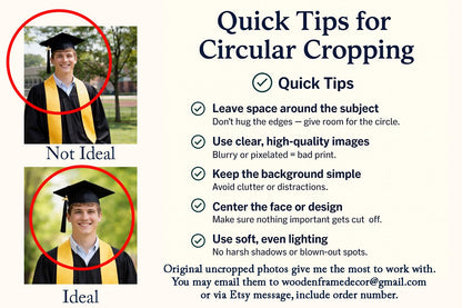 The image is a collage of two photos featuring a young man in a graduation cap and gown. The collage includes a "Not Ideal" photo and an "Ideal" photo, both with red circles highlighting the differences between the two images.