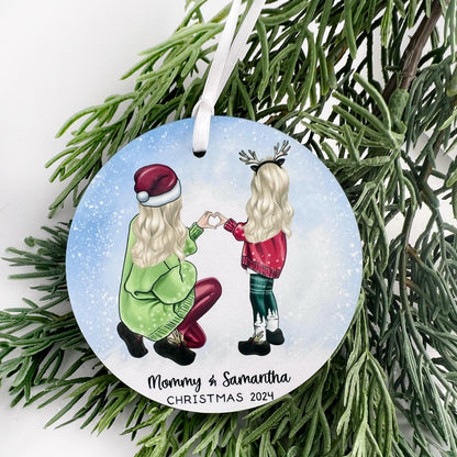 Custom Mother & Young Daughter Ornament – Heart Hands, Cozy Sweaters & Reindeer Slippers