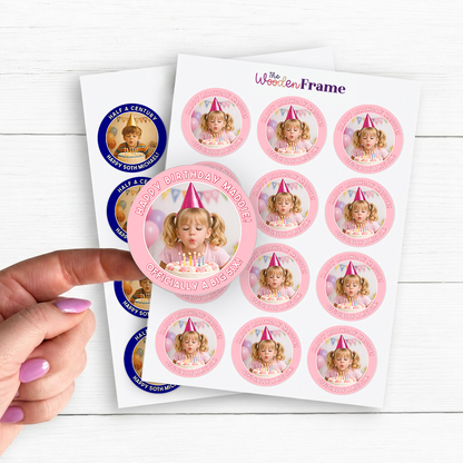 Custom Birthday Photo Stickers - Personalized Round Labels for Party Cups & Goodie Bags