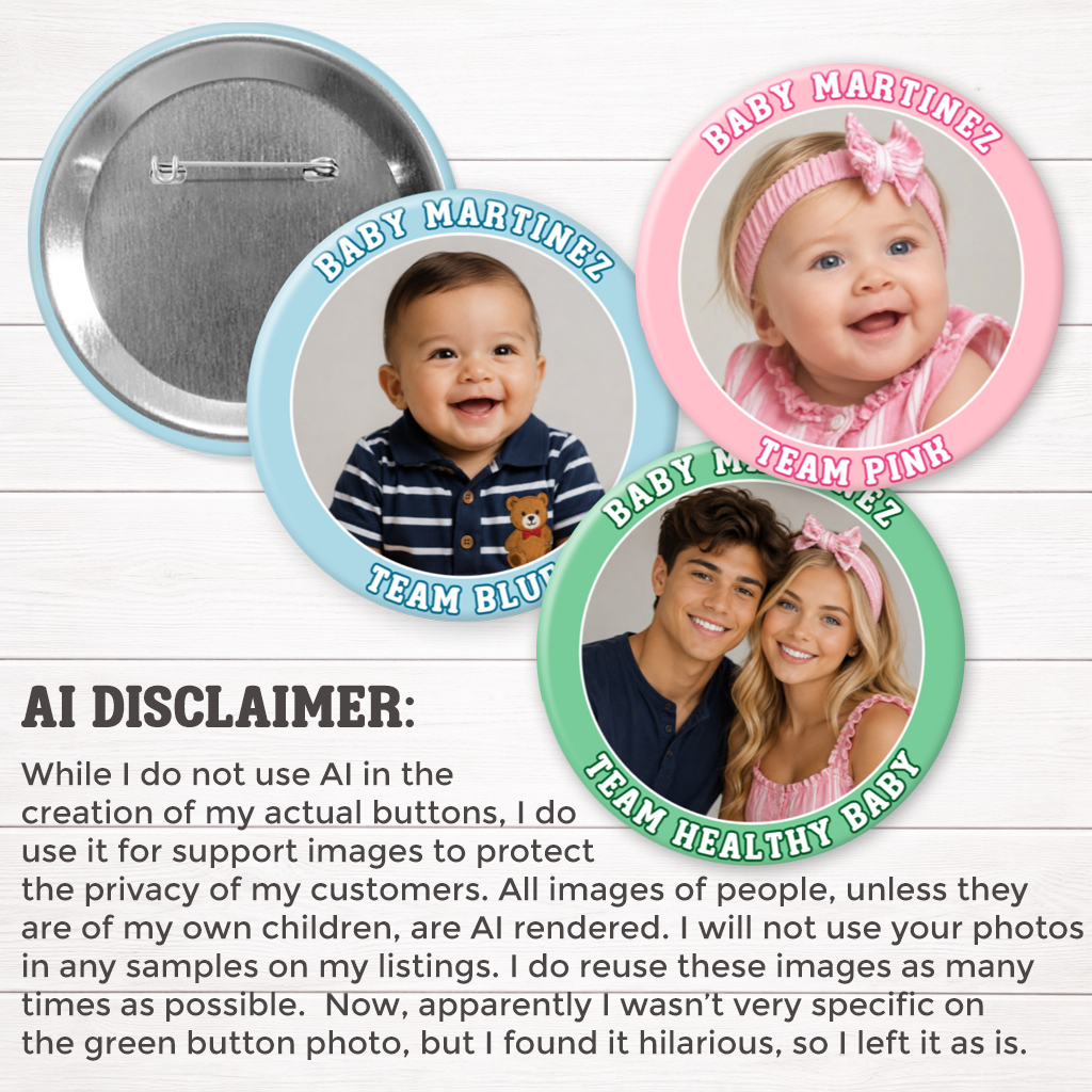 Custom Photo Gender Reveal Buttons – Personalized Baby Shower Pins 2.25" & 3" Sizes