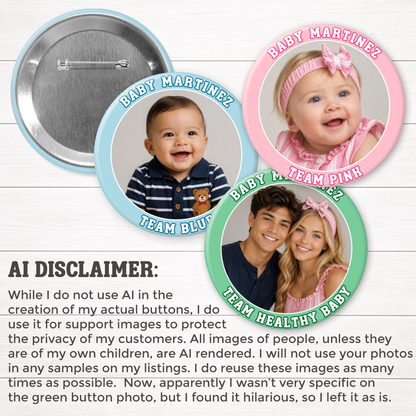 Custom Photo Gender Reveal Buttons – Personalized Baby Shower Pins 2.25" & 3" Sizes