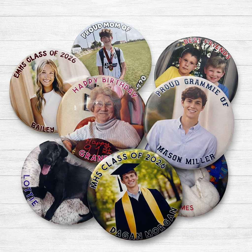 Custom Photo Button with Text – Personalized Pinback Button – 3" or 2.25" – Add Your Photo & Name – Customizable Gift, Event, Team, or School Button