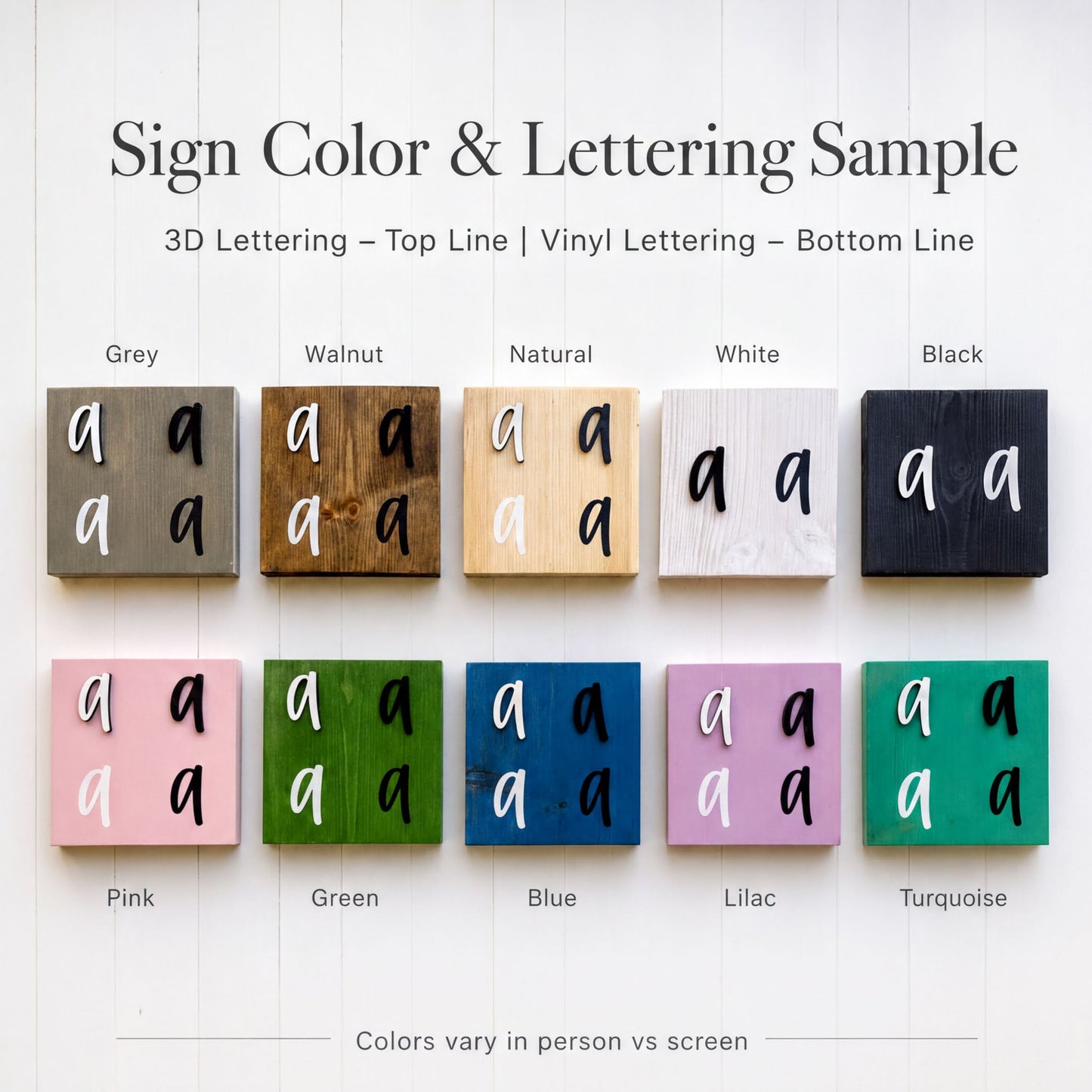 a color and lettering sample for a sign, with various colored squares representing different colors and styles of lettering.