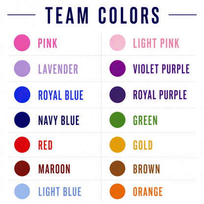 a color chart with various team colors, including pink, lavender, violet purple, royal blue, navy blue, green, red, gold, maroon, and orange.