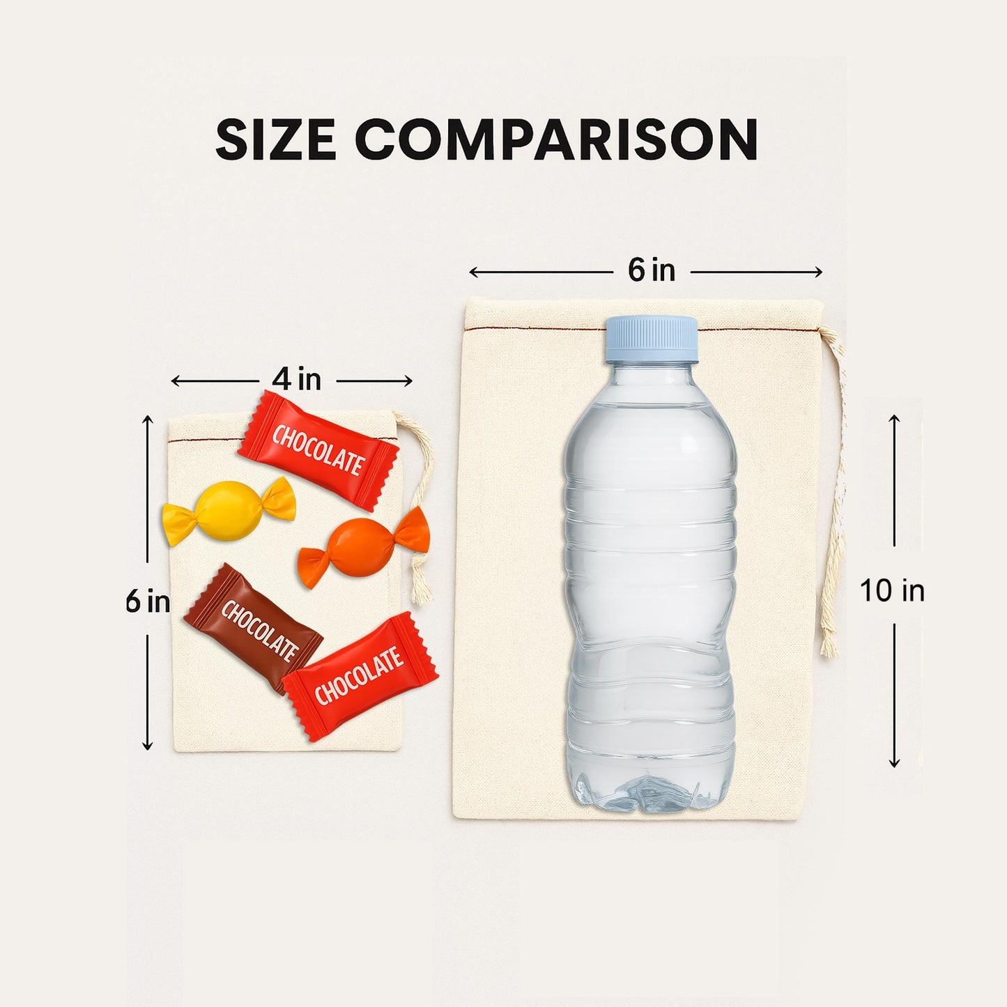The image is a size comparison, showing the dimensions of a small bag containing candy and a water bottle. The bag is 6 inches in length, 4 inches in width, and 6 inches in height, while the water bottle is 10 inches in length, 4 inches in width, and 6 inches in height.