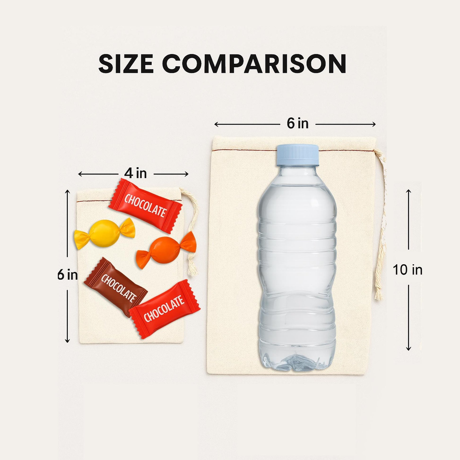 The image is a size comparison, showing the dimensions of a small bag containing candy and a water bottle. The bag is 6 inches in length, 4 inches in width, and 6 inches in height, while the water bottle is 10 inches in length, 4 inches in width, and 6 inches in height.