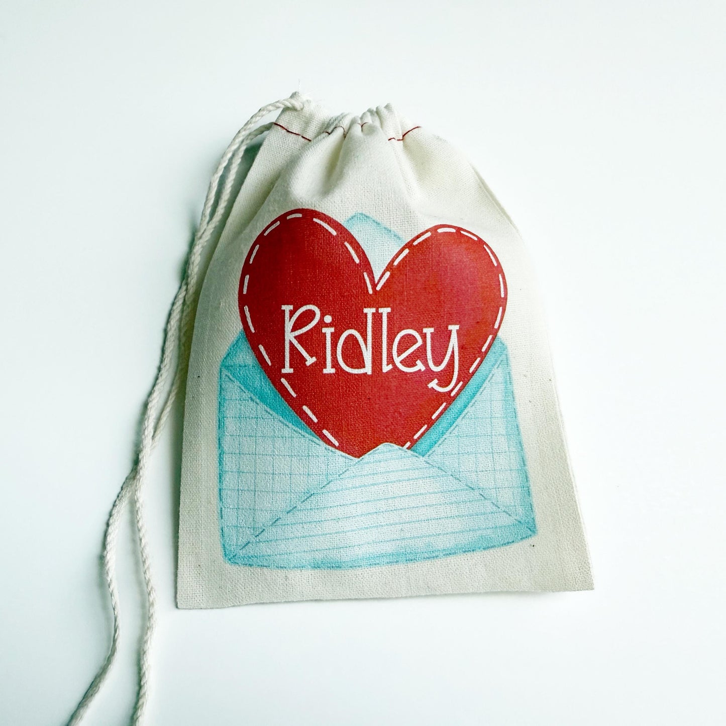 Personalized Valentine Treat Bag – Custom Canvas Drawstring Pouch with Heart Envelope Design