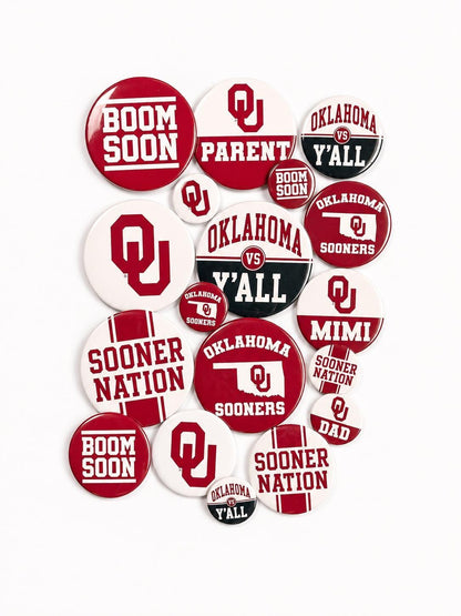 OU Sooners Gameday Buttons | Officially Licensed University of Oklahoma Pins | OU Mom Dad Mimi Parent & Graduation Gifts