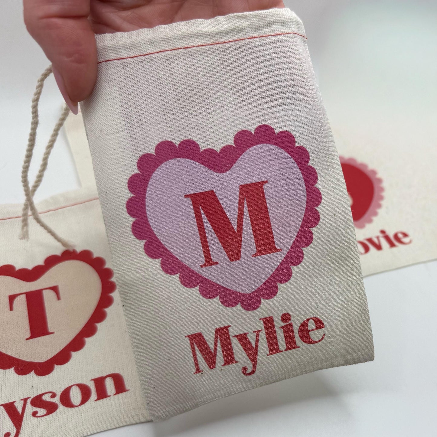 Personalized Valentine Treat Bag - Custom Canvas Drawstring Bag with Name & Initial