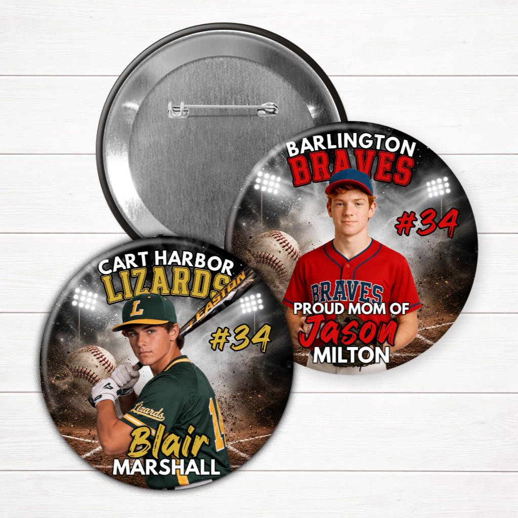 two circular badges, each featuring a baseball player. The badges are set against a baseball field backdrop and display the names Blair Marshall and Jason Milton.
