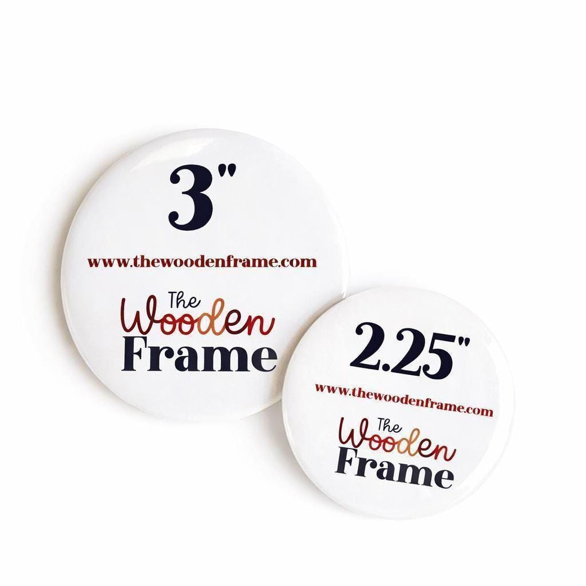 Two white circular badges with text and logos related to a wooden frame.