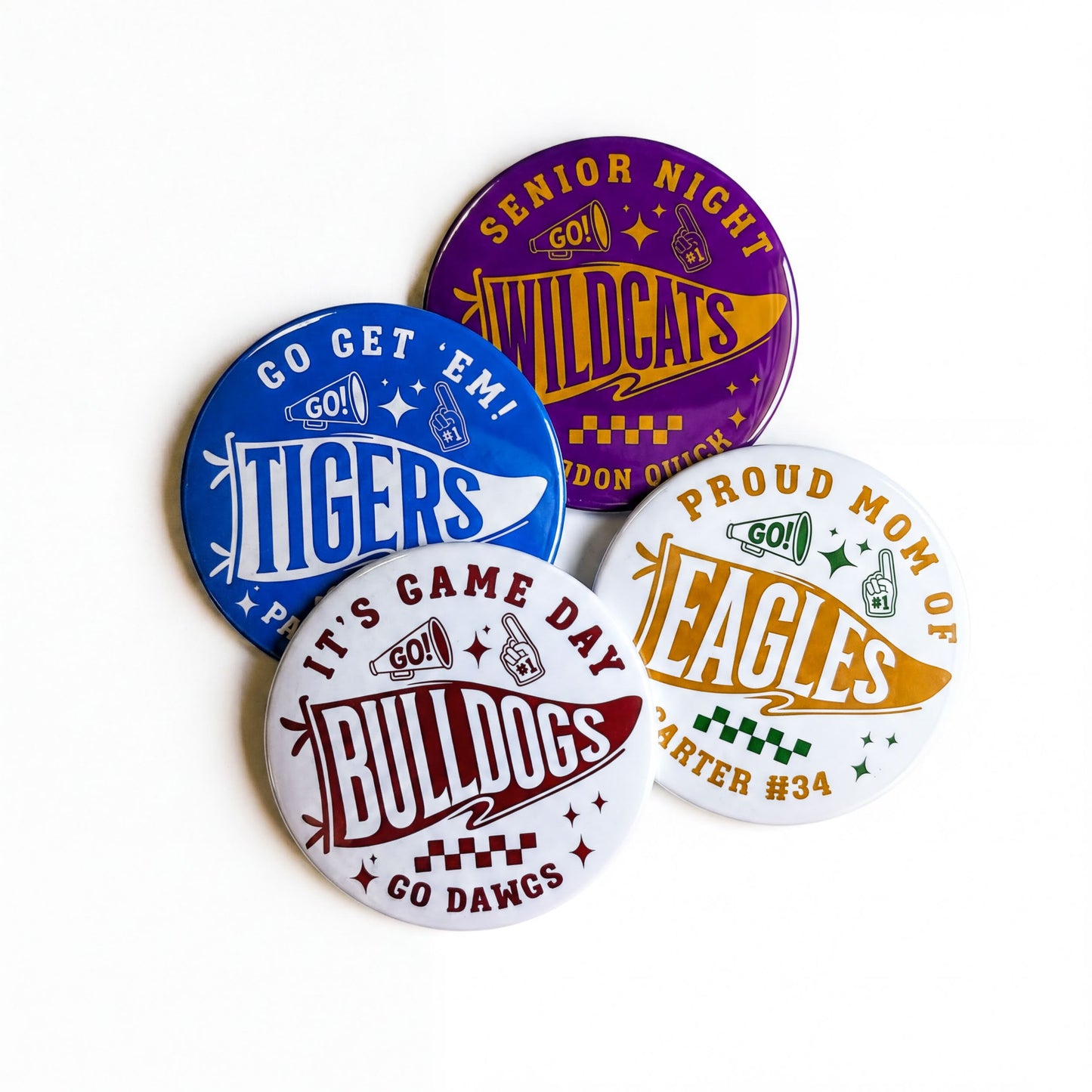 Custom game day button with personalized team text and mascot pennant.