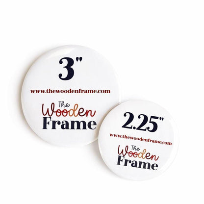 Two white circular badges with text and logos related to a wooden frame.