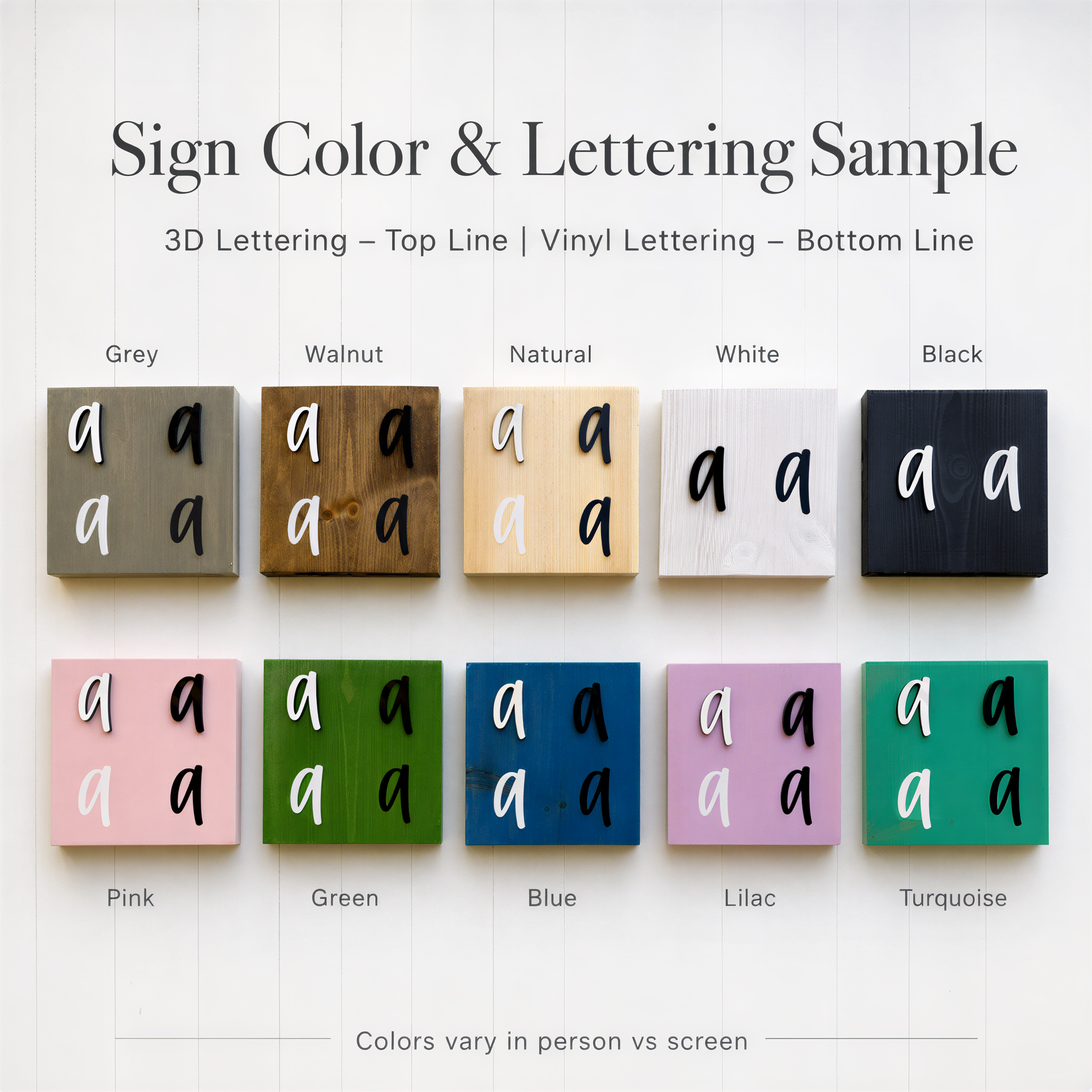 a color and lettering sample, featuring various shades of wood and different styles of lettering.