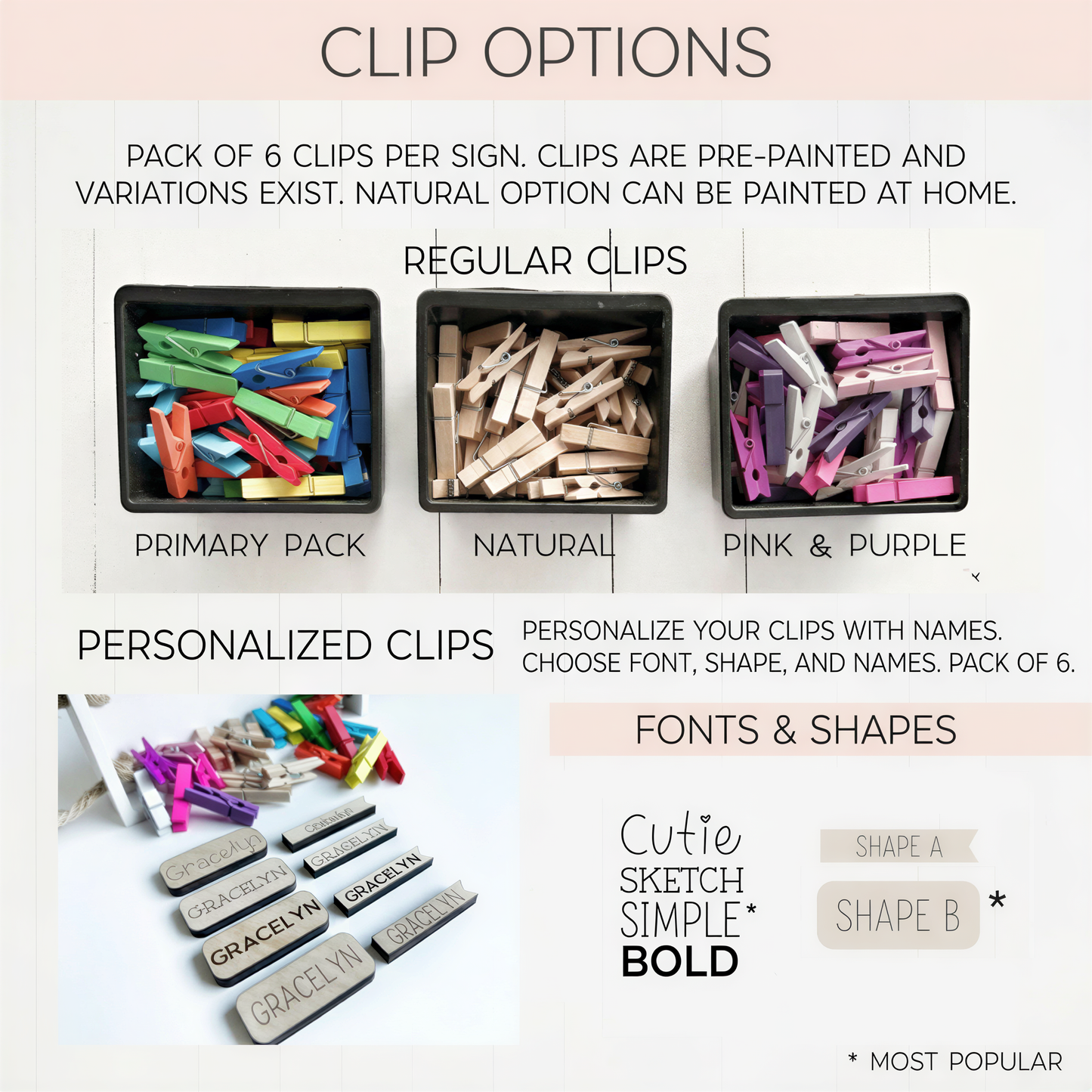 The image is a collection of three different types of clip options, including a pack of six pre-painted regular clips, a pack of six personalized clips with names, and a pack of six clip options with various fonts and shapes.