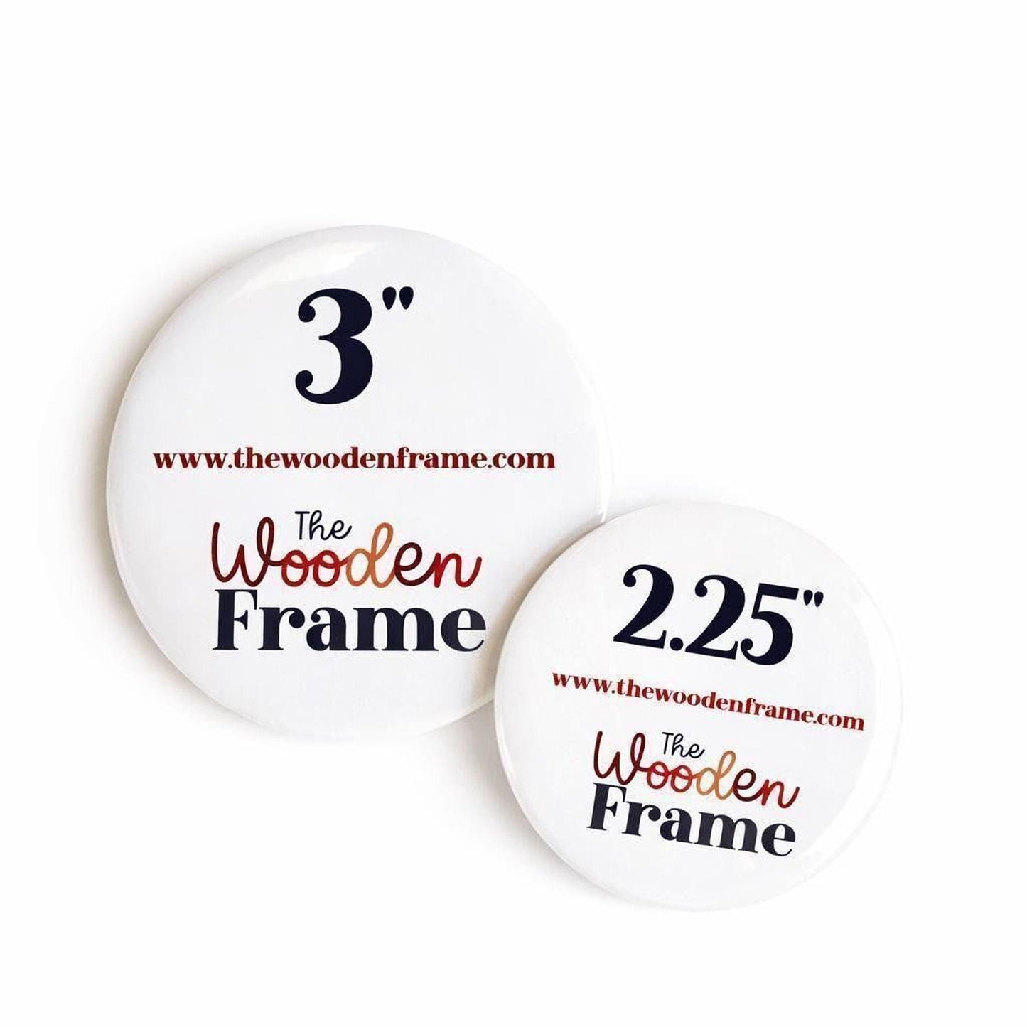 Two white circular badges with text and logos related to a wooden frame.