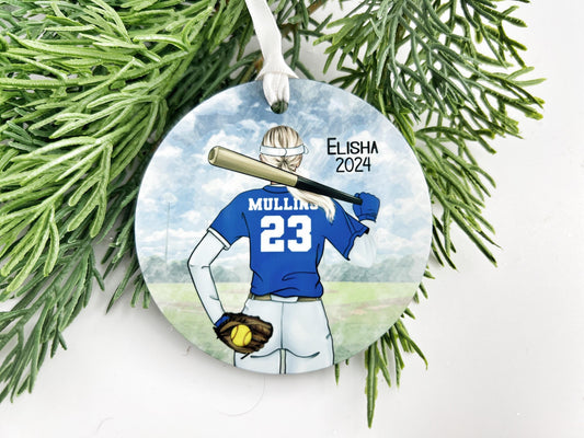 Custom Teen Girl Softball Ornament - High School Varsity Team Colors, Left/Right Handed Options