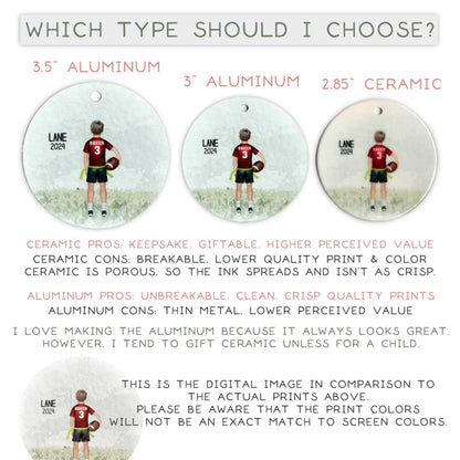 three different types of ornaments, each with a different material and quality. The first ornament is made of 3&quot; aluminum, the second is made of 2.85&quot; ceramic, and the third is made of 3&quot; aluminum. The text provides information about the pros and cons of each material, as well as the preferences of the person who chose them. The image is a digital comparison to the actual printed images, and it emphasizes the importance of the actual colors when choosing a print for a specific pur