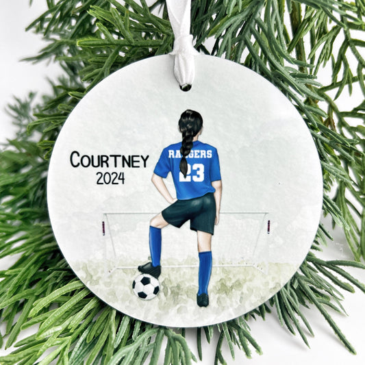 Girl Soccer Ornament, Personalized Soccer Ornament for Tweens, Middle School Kids and Young Teenagers, Team Colors