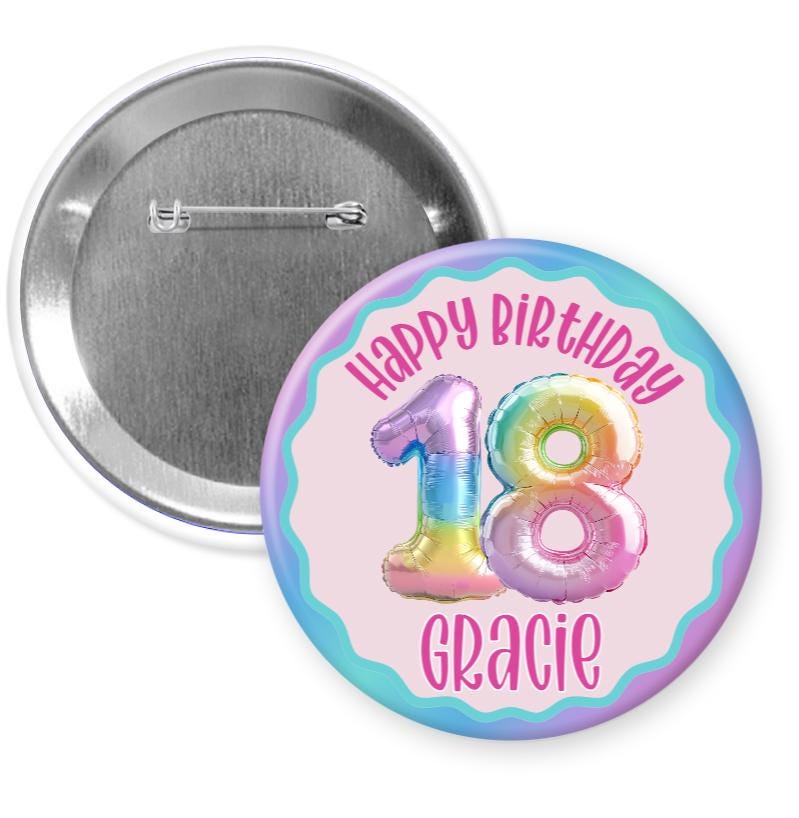 A birthday button for a girl named Gracie, with the number 18 and a colorful balloon design.
