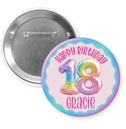 A birthday button for a girl named Gracie, with the number 18 and a colorful balloon design.