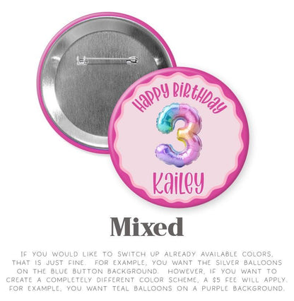 a pink birthday button with the number 3 and the name "Kaley" printed on it. The button is described as a mixed color, which means it has been designed to allow users to choose different colors for the silver balloons on the blue button background.