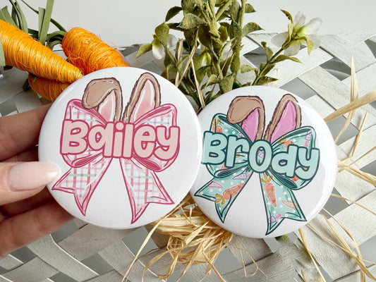 Easter Bunny Bow Name Button – Personalized Pin & Gift Bag Tag