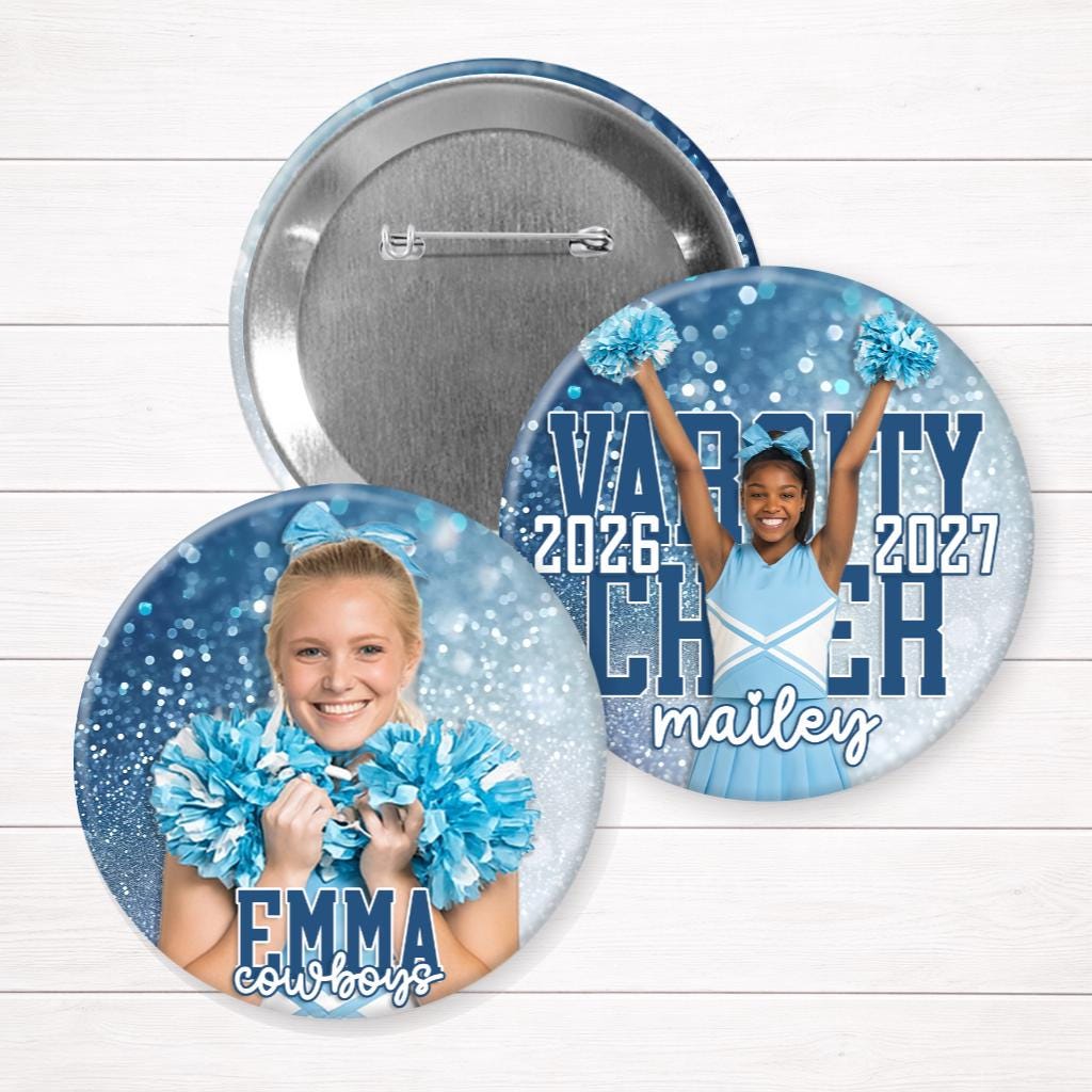 Custom Cheer, Pom & Dance Photo Button – Confetti Brag Pin for Senior Night, Team Spirit & Sports Events