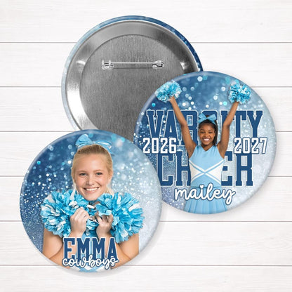 Custom Cheer, Pom & Dance Photo Button – Confetti Brag Pin for Senior Night, Team Spirit & Sports Events