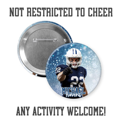 Custom Cheer, Pom & Dance Photo Button – Confetti Brag Pin for Senior Night, Team Spirit & Sports Events
