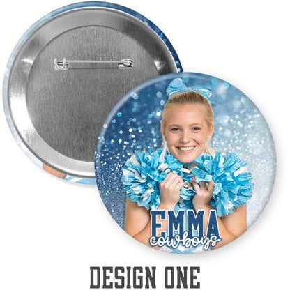 Custom Cheer, Pom & Dance Photo Button – Confetti Brag Pin for Senior Night, Team Spirit & Sports Events