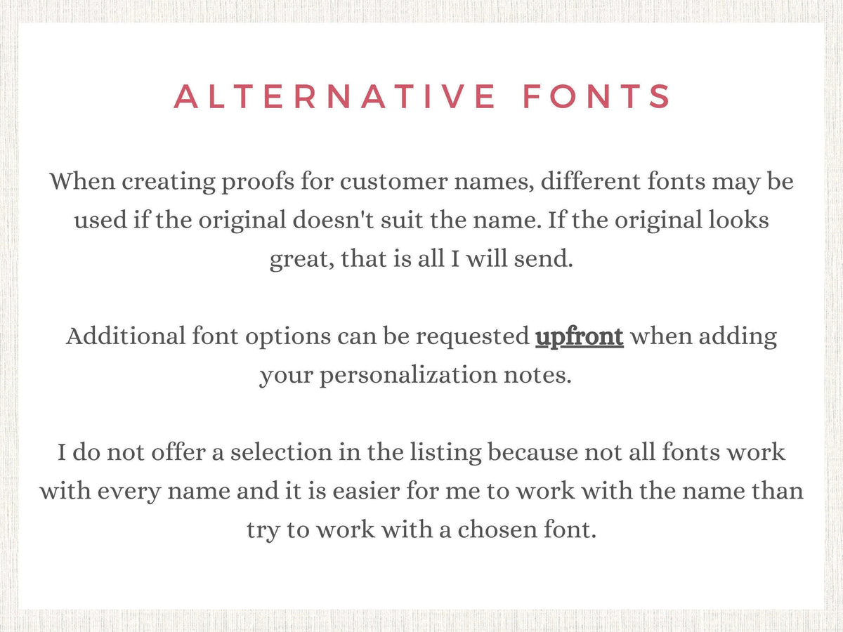 text discussing alternative fonts and font customization options for customer names.