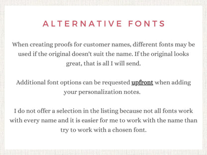 text discussing alternative fonts and font customization options for customer names.