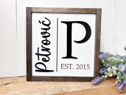 A wooden framed sign with the name "Petrolic" and the year "EST. 2015" displayed on it, along with a decorative element resembling a letter "P".