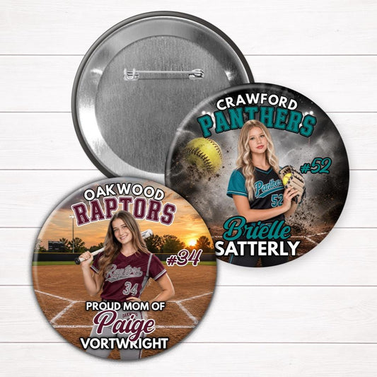 Custom Softball Photo Button | Personalized Player Pin for Senior Night, Game Day & Softball Moms