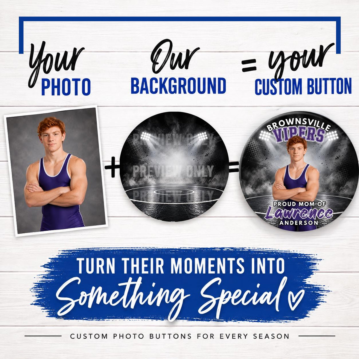 Custom Wrestling Button with Photo – Personalized Pin for Senior Night, Tournaments & Team Gifts