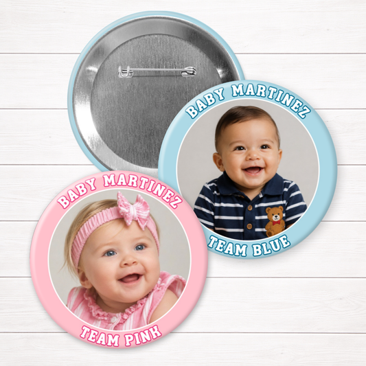 Custom Photo Gender Reveal Buttons – Personalized Baby Shower Pins 2.25" & 3" Sizes