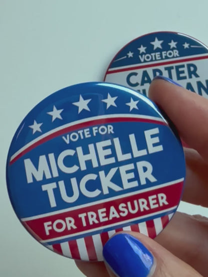 Custom Campaign Buttons – Red, White & Blue Election Pins – Personalized Candidate or School Council Badge