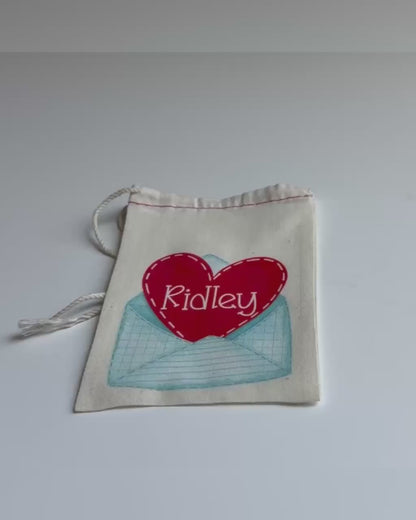 Personalized Valentine Treat Bag – Custom Canvas Drawstring Pouch with Heart Envelope Design