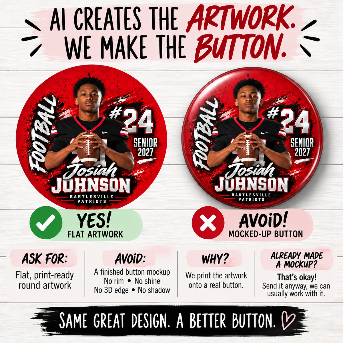 Custom Photo or Full‑Design Button – Upload Your Own Artwork – 1.25", 2.25", or 3" Pinback Button