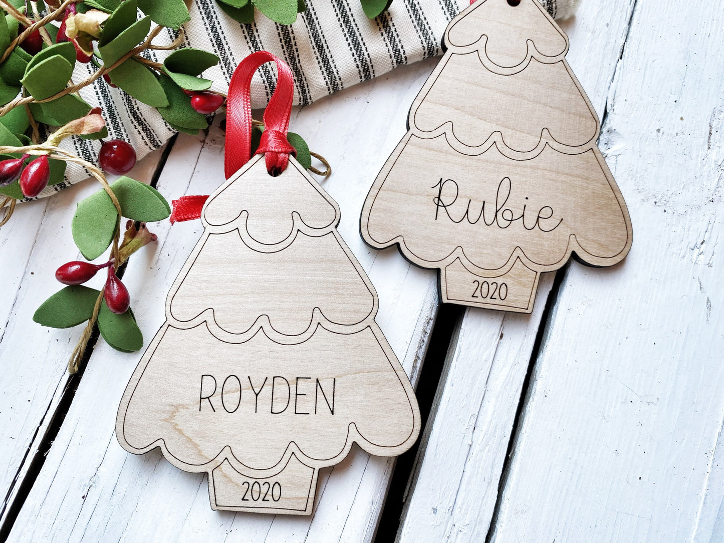 Personalized Ornament, Christmas Tree DIY Ornament Kit with First Name and Year Engraved on Wood, Made Shipped USA