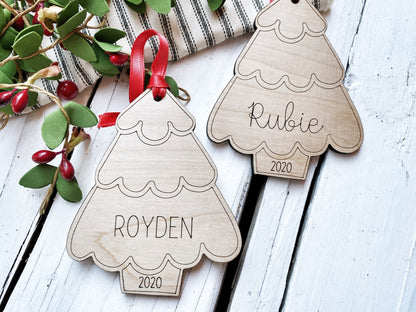 Personalized Ornament, Christmas Tree DIY Ornament Kit with First Name and Year Engraved on Wood, Made Shipped USA