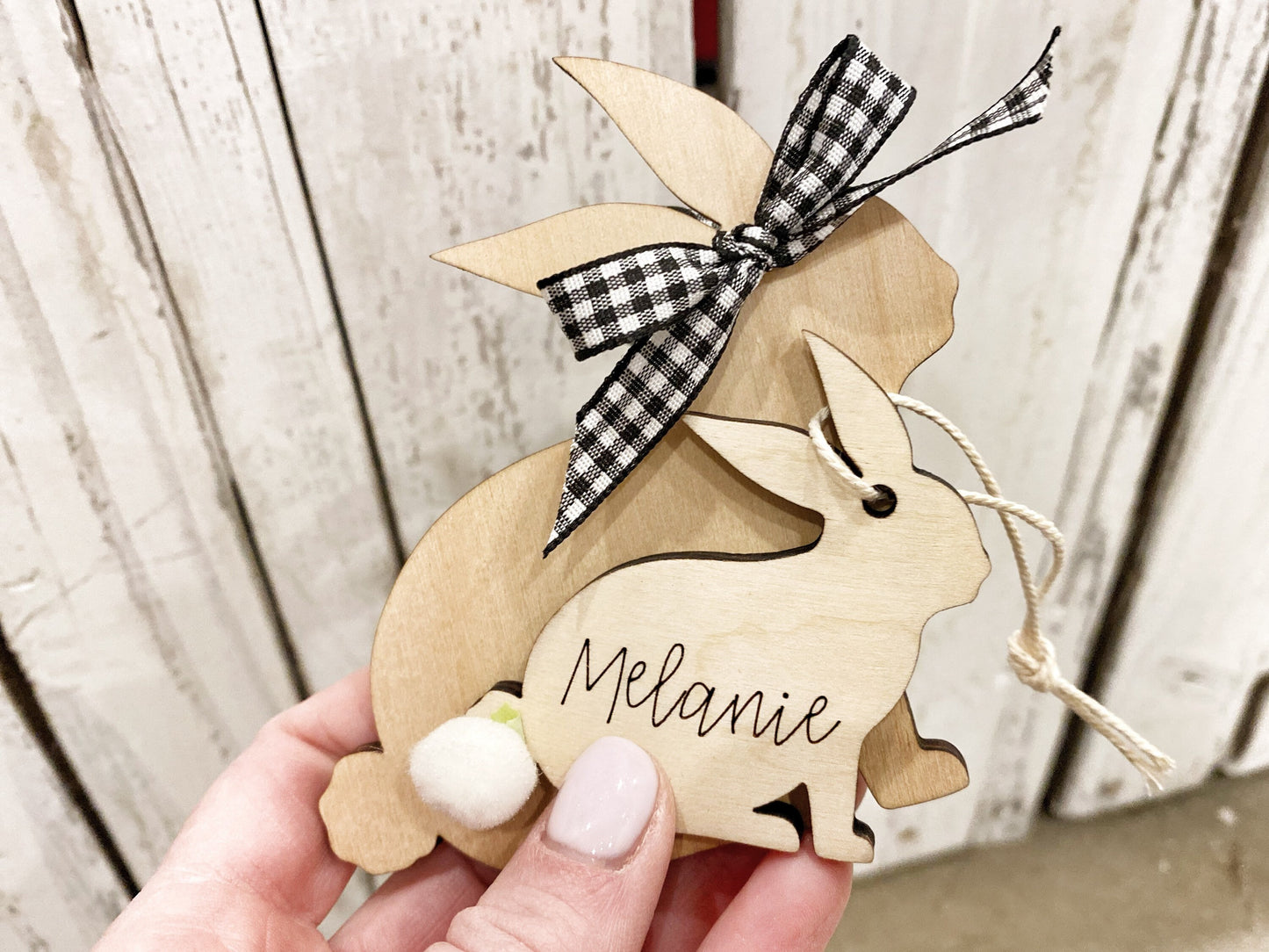 Easter Basket Tag, Personalized Name Bunny Fuzzy Tail, Engraved Easter Decor, Tiered Tray, Custom Wood Place Tag, Buffalo Plaid Spring Decor