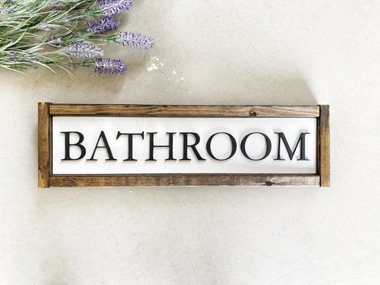 Bathroom Sign, Rustic Farmhouse Decor, 3D Raised Laser Letter, Simple Lettered Word Sign, Over the Door Accent, Framed Wood Sign