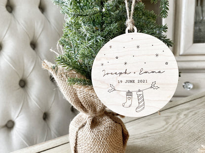 Personalized Engagement Ornament, Save the Date, Couples First Christmas, First Names and Wedding Date, 2021 Christmas Ornament, Modern Wood