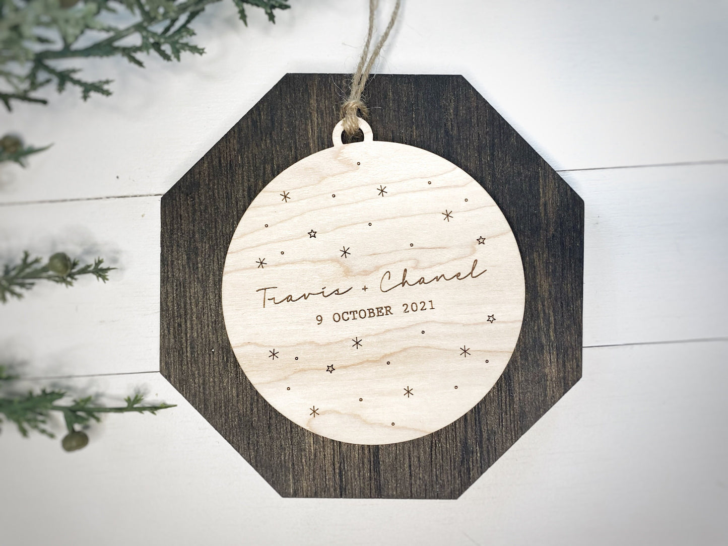 Personalized Engagement Ornament, Save the Date, Couples First Christmas, First Names and Wedding Date, 2021 Christmas Ornament, Modern Wood