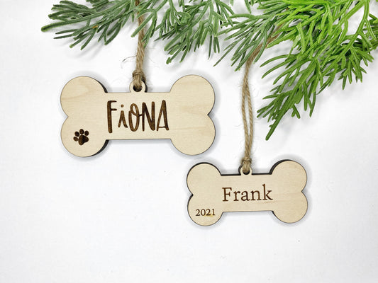 Personalized Dog Bone Ornament, Christmas Ornament, Custom Dog Ornament, Custom Pet Ornament, Wood Engraved Ornament, 2021 dog name ornament