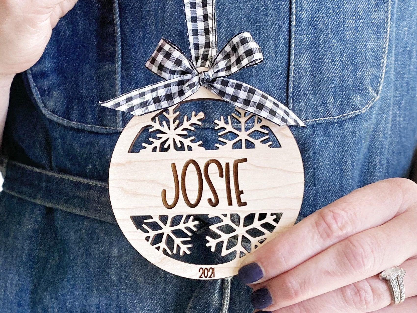 Personalized Christmas Ornament for Kids, 2021 Name Snowflake, Engraved Laser Cut, Plaid Ribbon