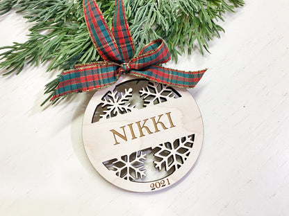 Personalized Christmas Ornament for Kids, 2021 Name Snowflake, Engraved Laser Cut, Plaid Ribbon
