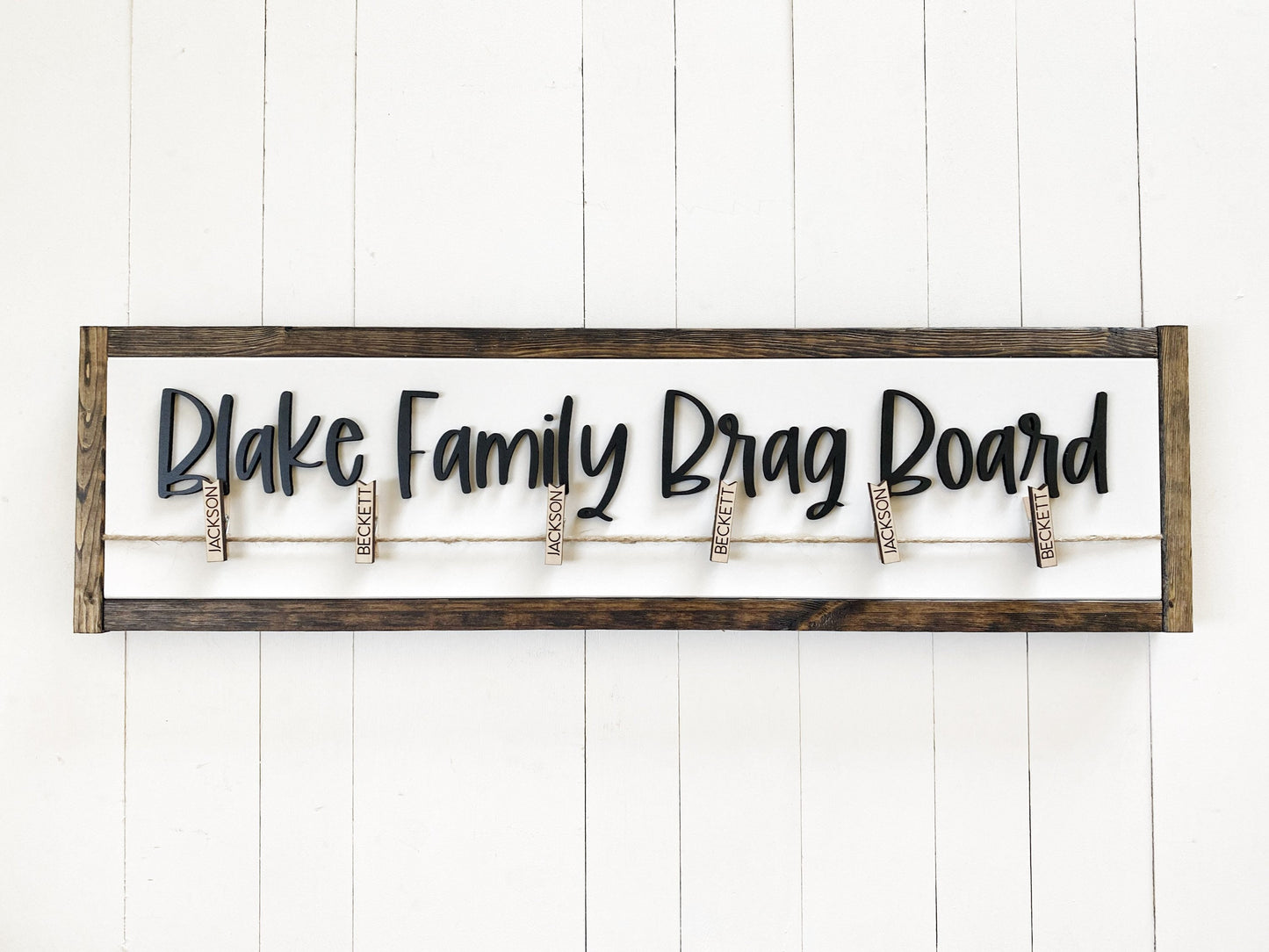 Family Brag Board, Personalized Art or Photo Display for Families, Clips with Names, Playroom Decor, Entryway Sign,